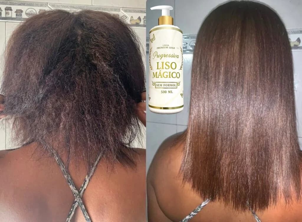 Resultado da Progressiva Liso Mágico - Cabelo castanho antes e depois